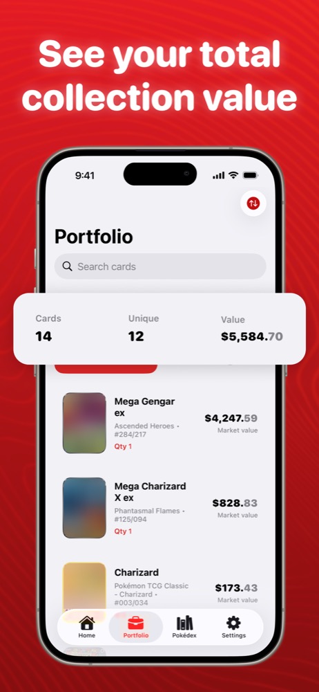 PokeSnap Pokemon card collection app showing total portfolio value